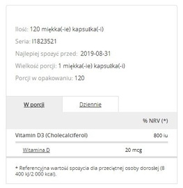 Suplementacja Prozis Vitamin D3 800IU 120 Kapsułek