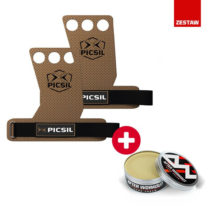 Zestaw Skórki Gimnastyczne Picsil Azor Grips 3 Holes Brązowe + After Workout Hand Cream 100 ml